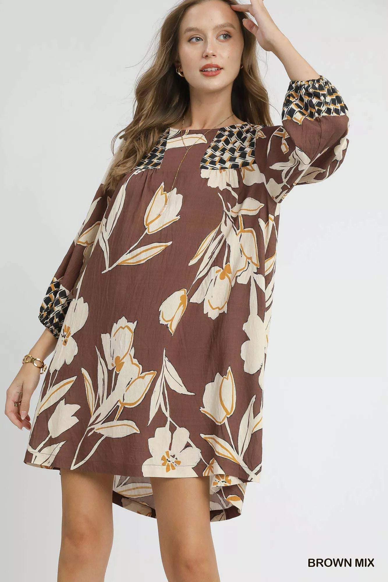 Umgee Floral High-Low Babydoll Dress Brown Mix / S