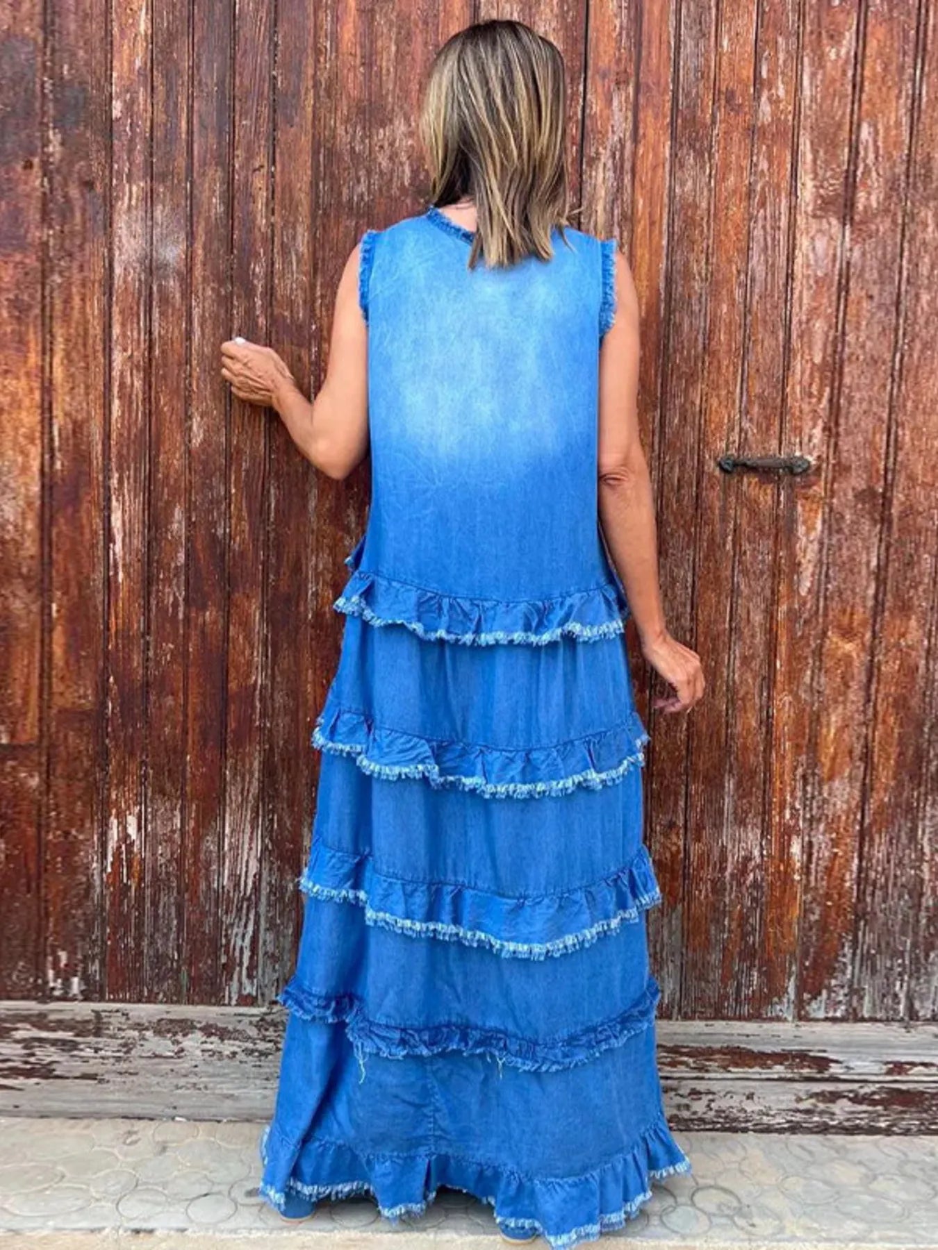 Raw Hem Layered Denim Maxi Dress Blue / L