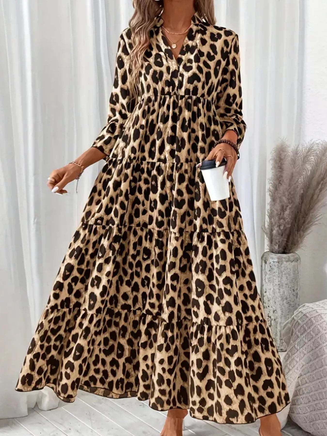 Leopard 3/4 Sleeve Midi Dress Rust Color / L Leopard 3/4 Sleeve Midi Dress Rust Color / L