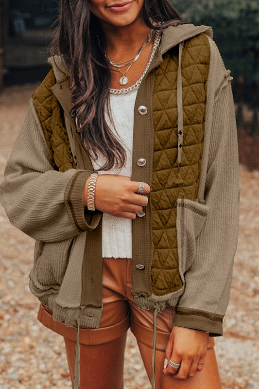 Women Textured Patchwork Loose Fit Hooded Jacket - Charming Charlie
