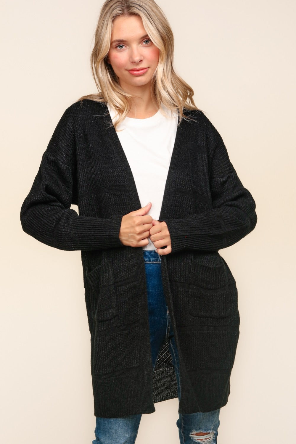 Haptics Stripe Textured Open Front Cardigan with Pockets - Charming Charlie