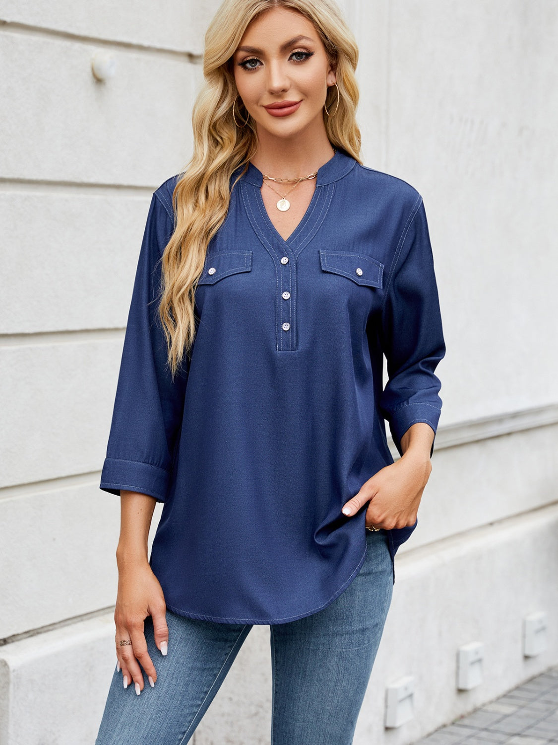 Notched Three-Quarter Sleeve Denim Top - Charming Charlie