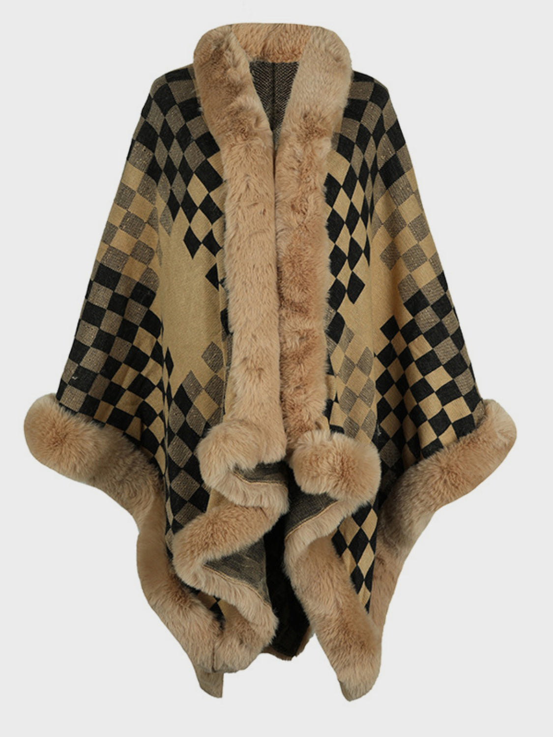 Fuzzy Checkered Long Sleeve Poncho - Charming Charlie