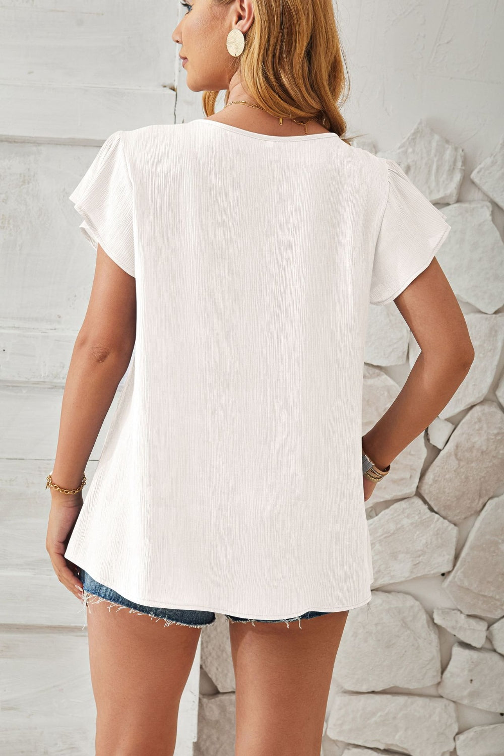 Ruched V-Neck Flounce Sleeve Blouse - Charming Charlie