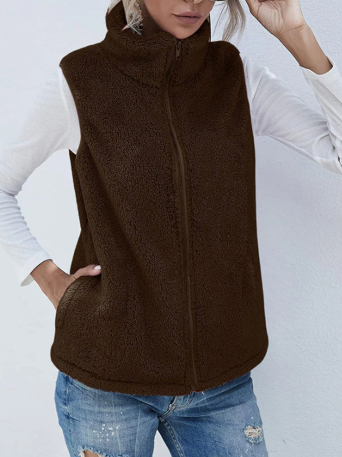Full Size Fuzzy Zip Up Vest Coat with Pockets - Charming Charlie