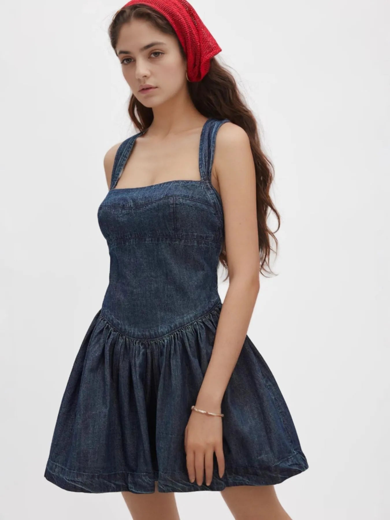 Smocked Crisscross Back Denim Mini Dress Dark Blue / XL