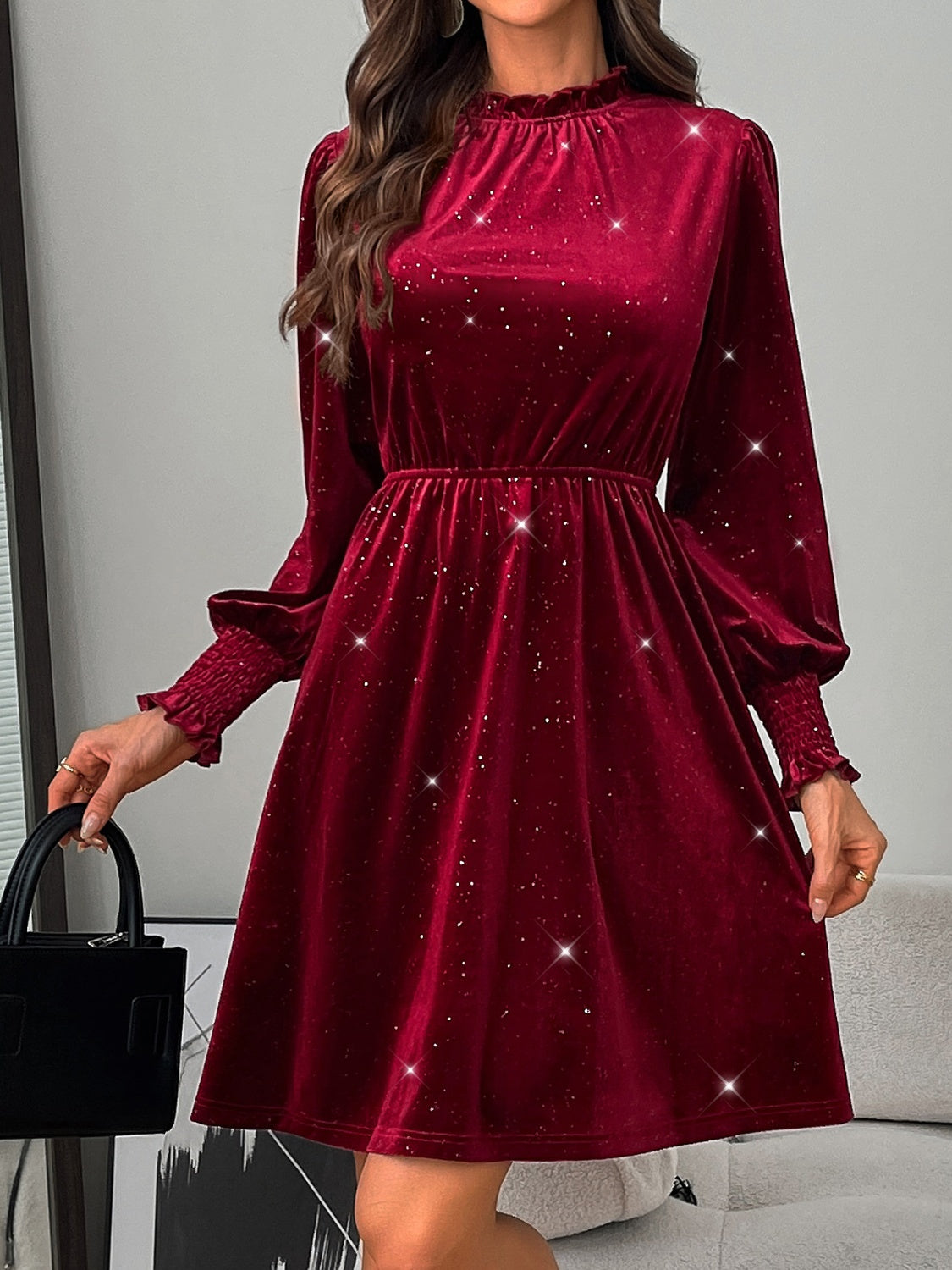 Glitter Mock Neck Long Sleeve Mini Dress - Charming Charlie