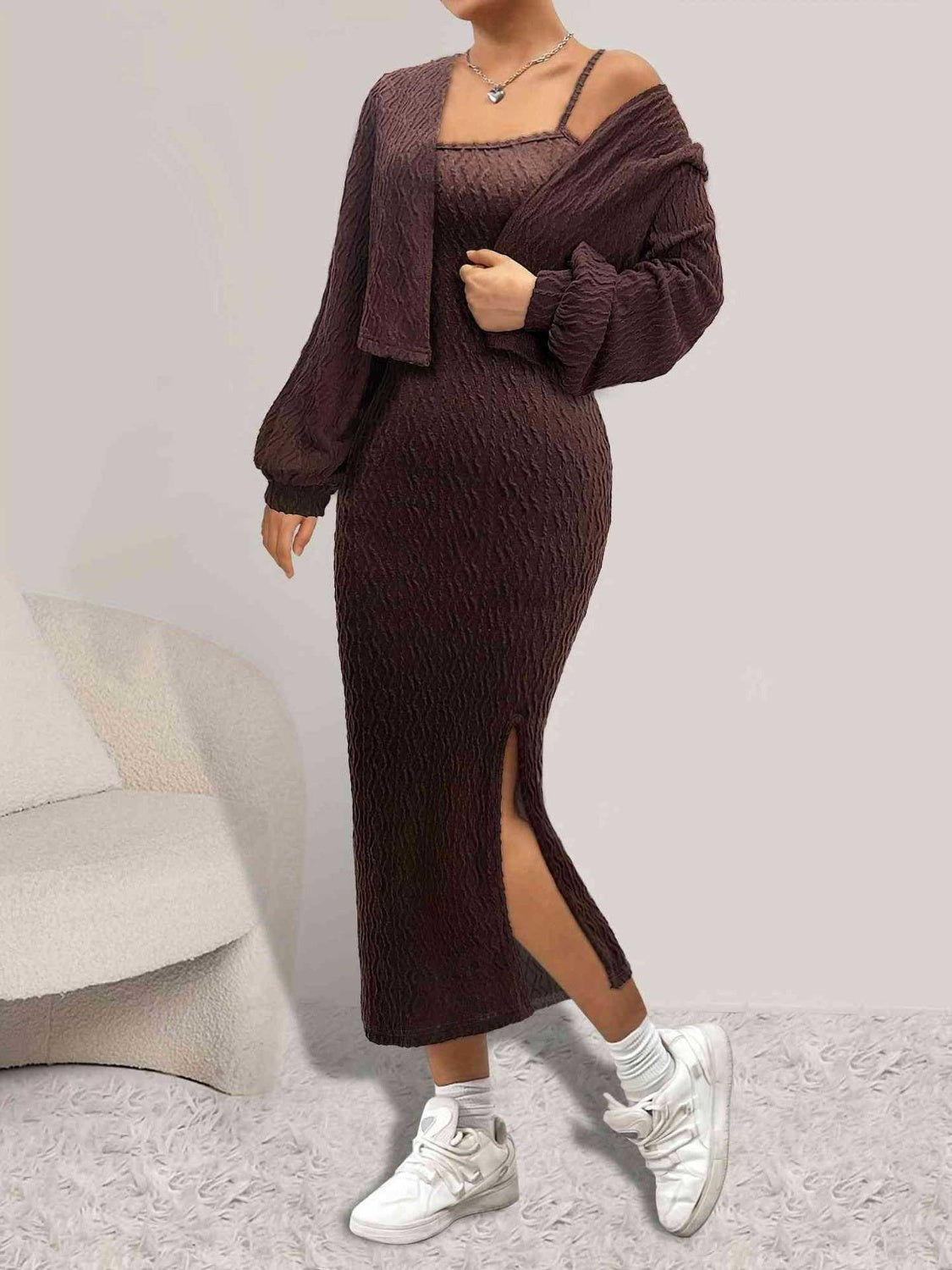 Open Front Long Sleeve Cardigan and Side Slit Cami Dress Set Brown / L