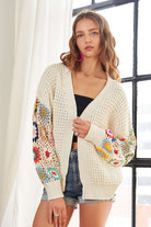 ADORA Full Size Contrast Crochet Open Front Long Sleeve Cardigan - Charming Charlie