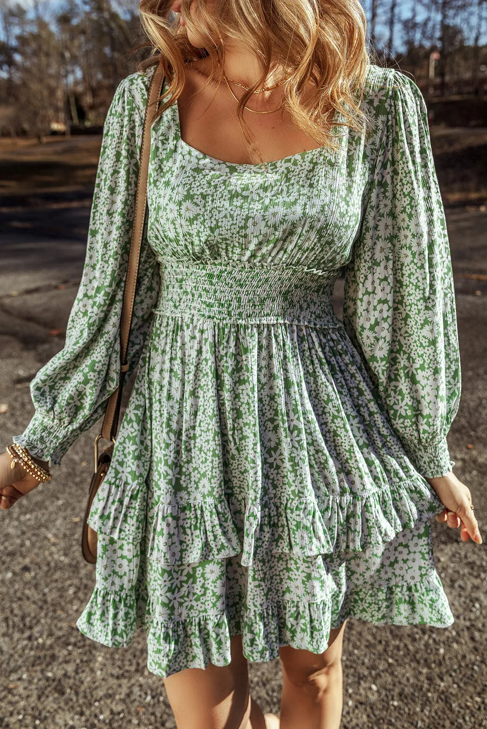 Ruffle Hem Floral Square Neck Long Sleeve Dress - Charming Charlie