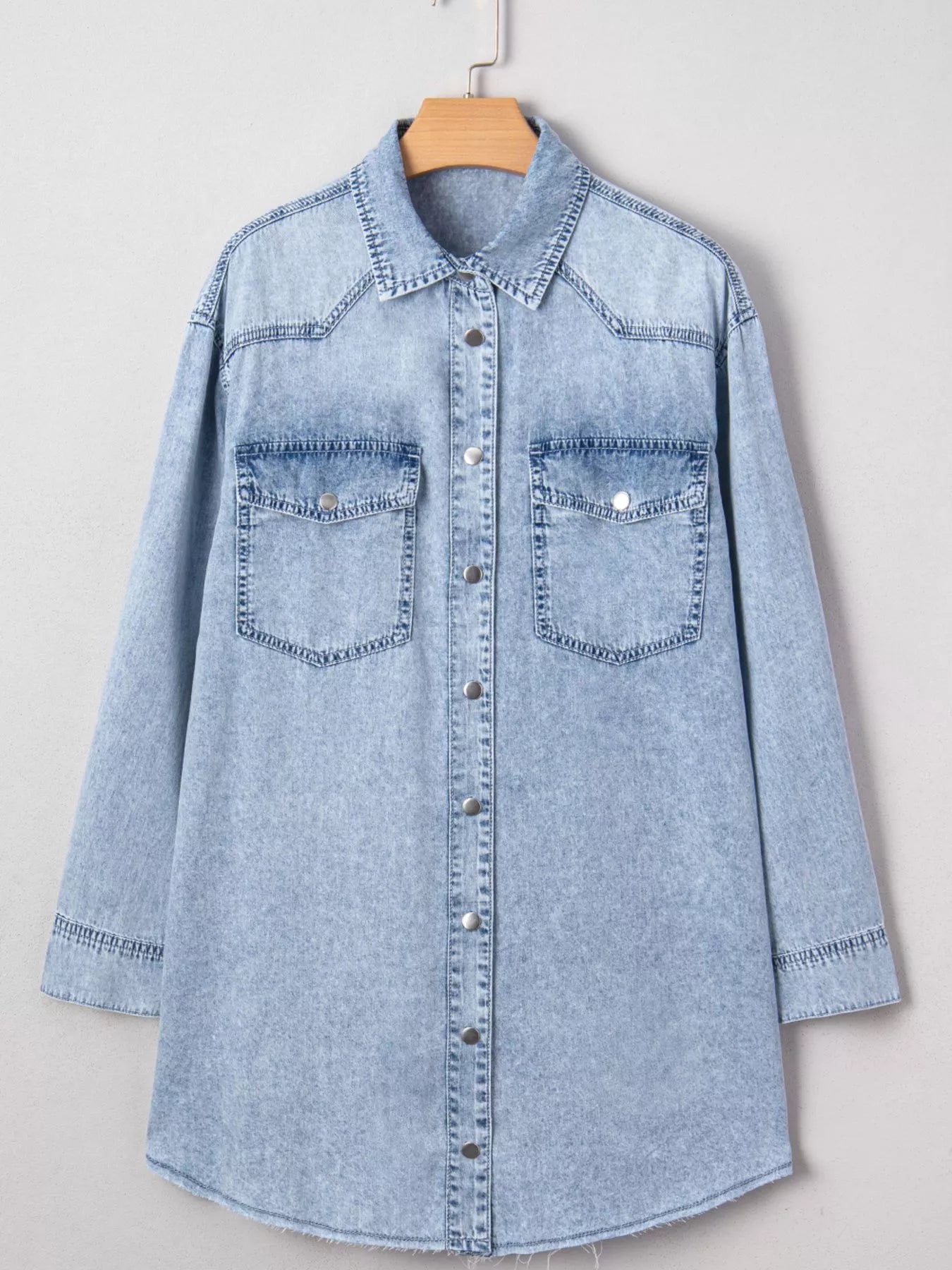 loose denim shirt dress Chest Pocket Raw Hem Denim Loose Shirt Dress Light Blue / XL