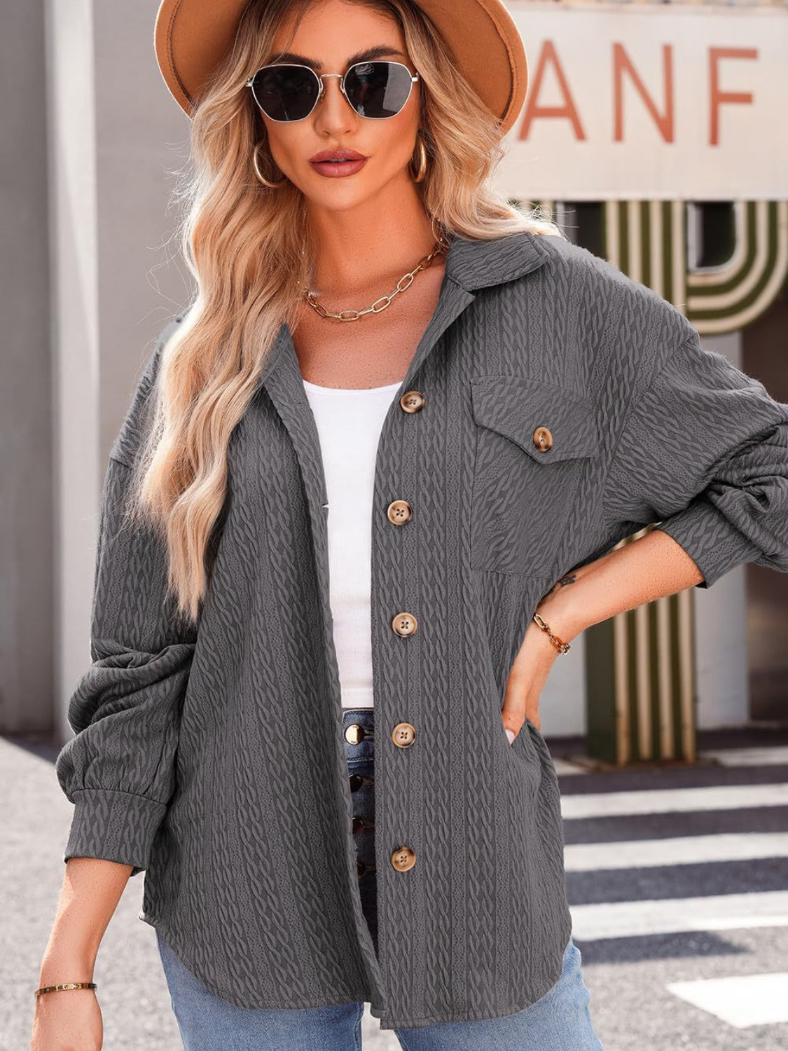 Textured Button Up Long Sleeve Shacket - Charming Charlie