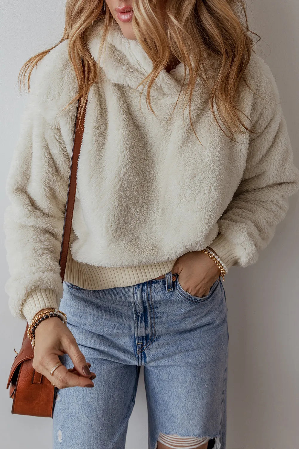 Fuzzy Dropped Shoulder Long Sleeve Hoodie - Charming Charlie