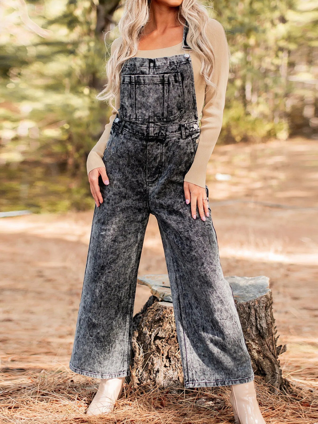 VERY J Texture Washed Wide Leg Overalls