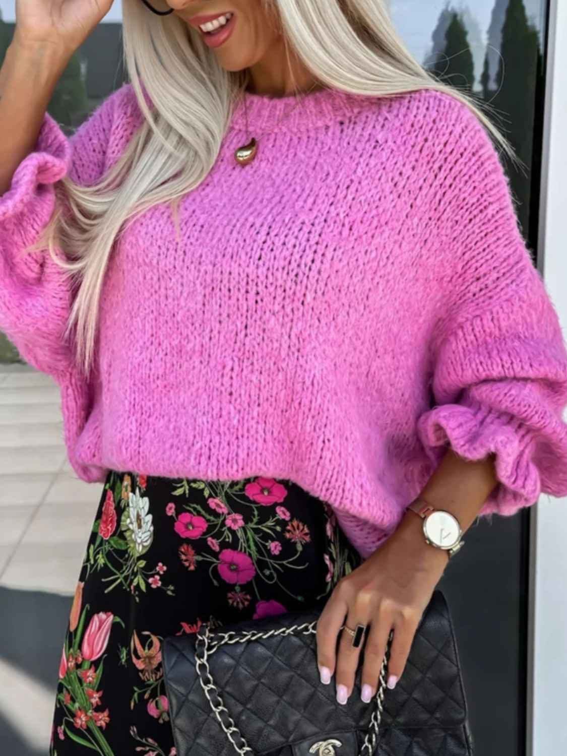 Round Neck Long Sleeve Sweater - Charming Charlie