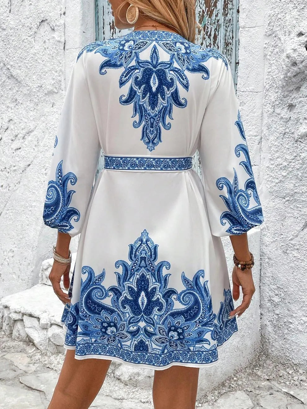 Paisley V-Neck 3/4 Sleeve Mini Dress White / S