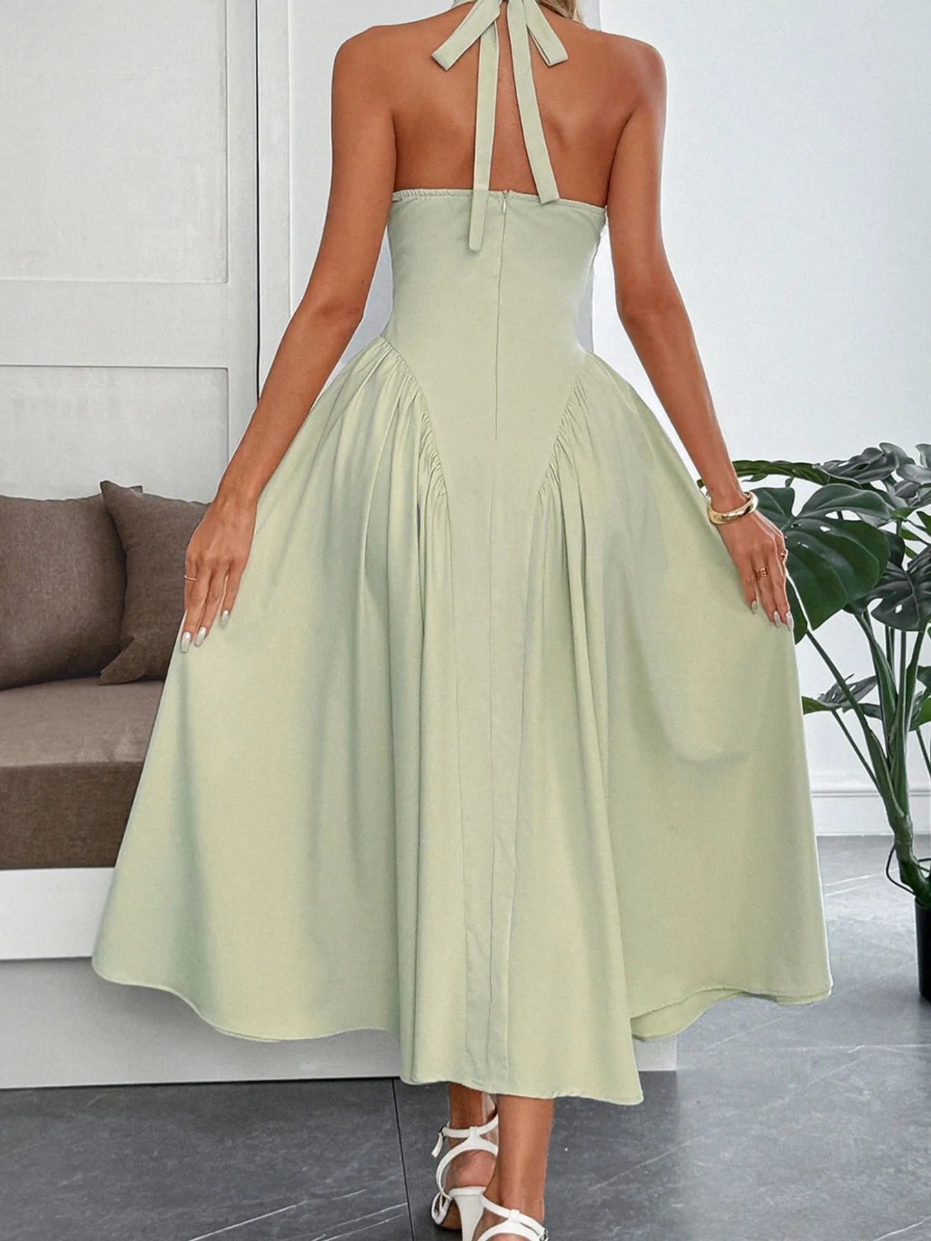Halter Neck Ruched Midi Dress – Charming Charlie