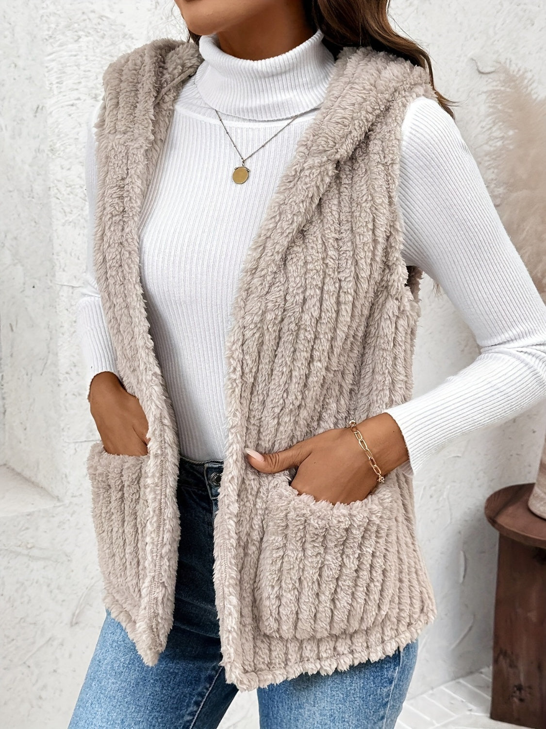 Fuzzy Hooded Vest with Pockets - Charming Charlie