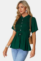 Tied Round Neck Short Sleeve Blouse - Charming Charlie