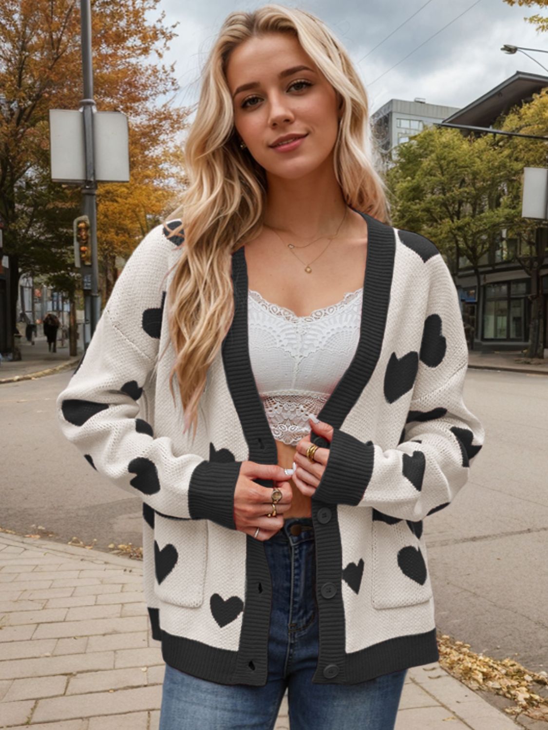 Heart Button Up Dropped Shoulder Long Sleeve Cardigan - Charming Charlie