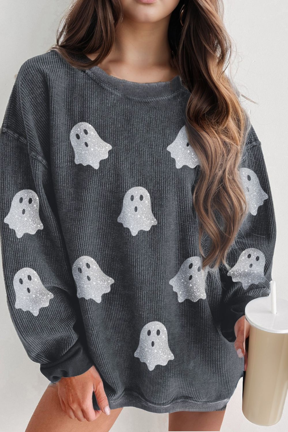 Glitter Ghost Round Neck Long Sleeve Sweatshirt – Charming Charlie