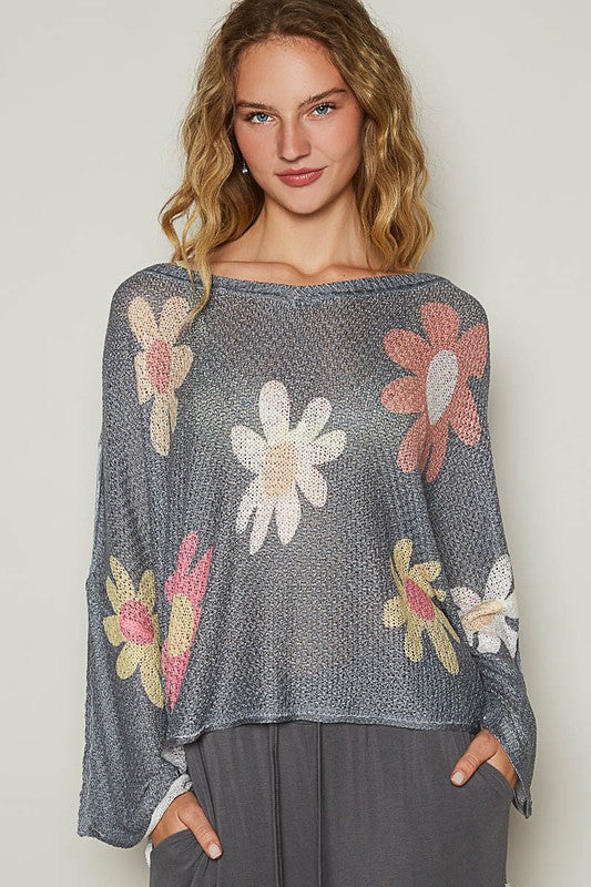 POL Flower Dropped Shoulder Long Sleeve Knit Top - Charming Charlie