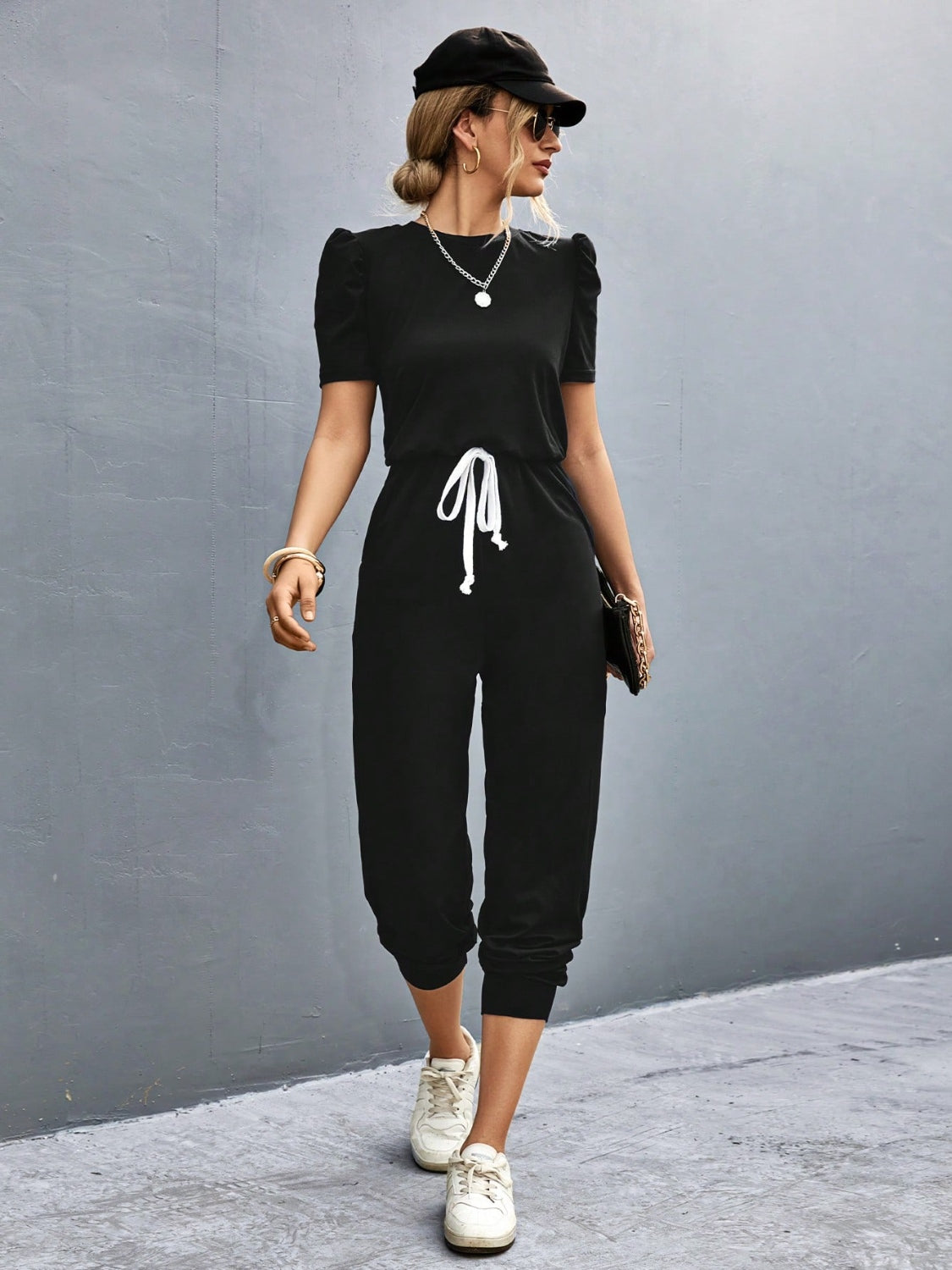 Round Neck Short Sleeve Jumpsuit - Charming Charlie