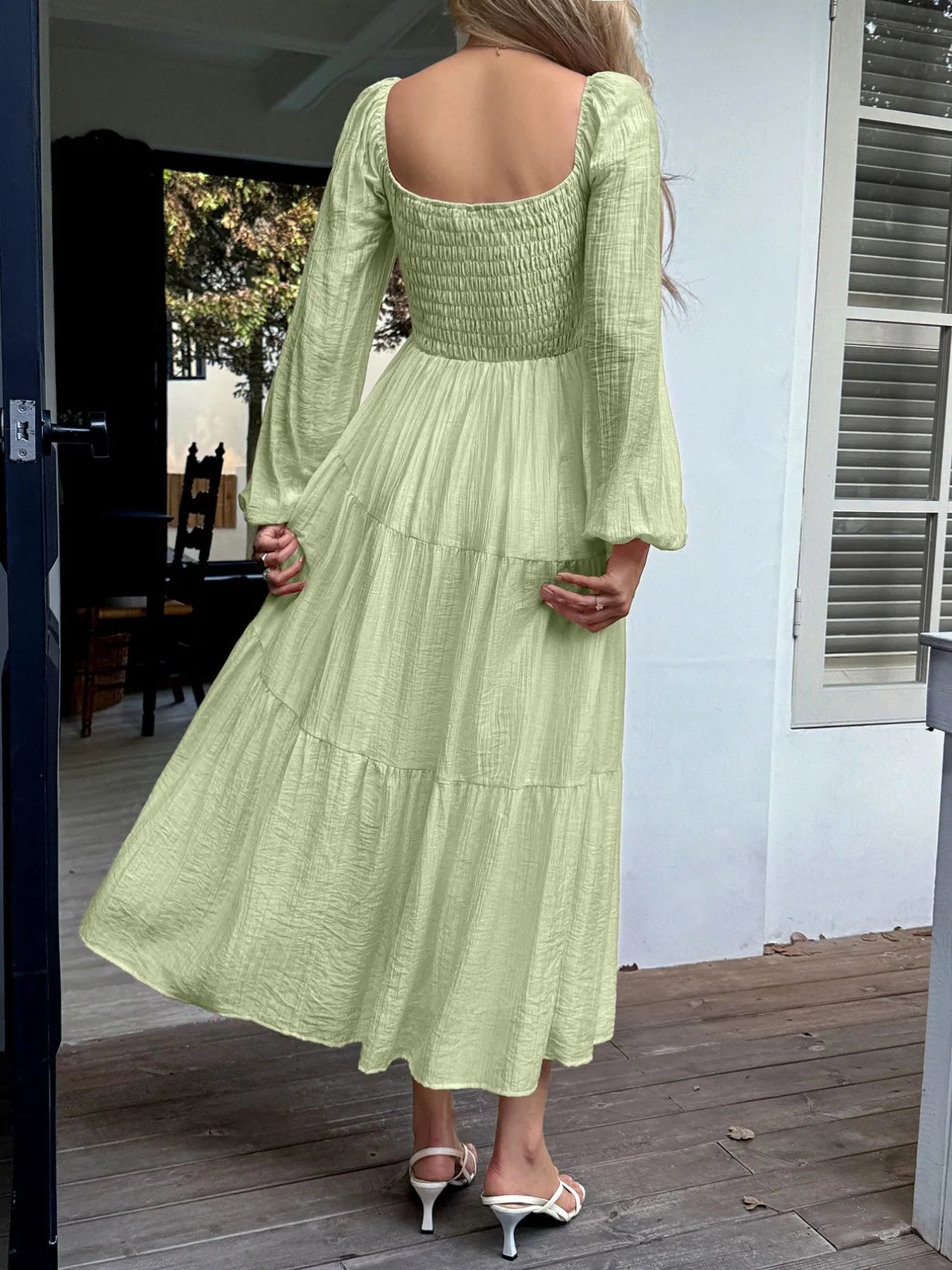 jersey balloon sleeve midi dress Tiered Balloon Sleeve Midi Dress Green / S