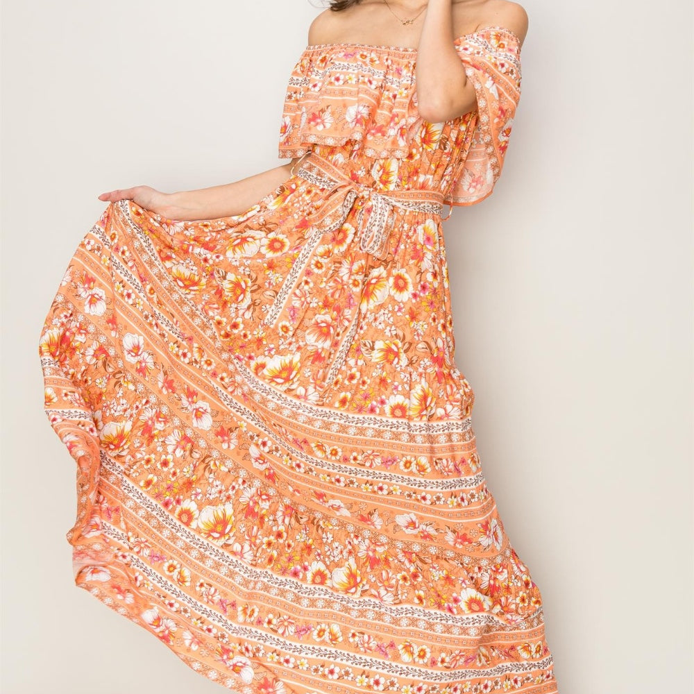 HYFVE Floral Off-Shoulder Tie Front Maxi Dress Charming Charlie HYFVE Floral Off-Shoulder Tie Front Maxi Dress Charming Charlie