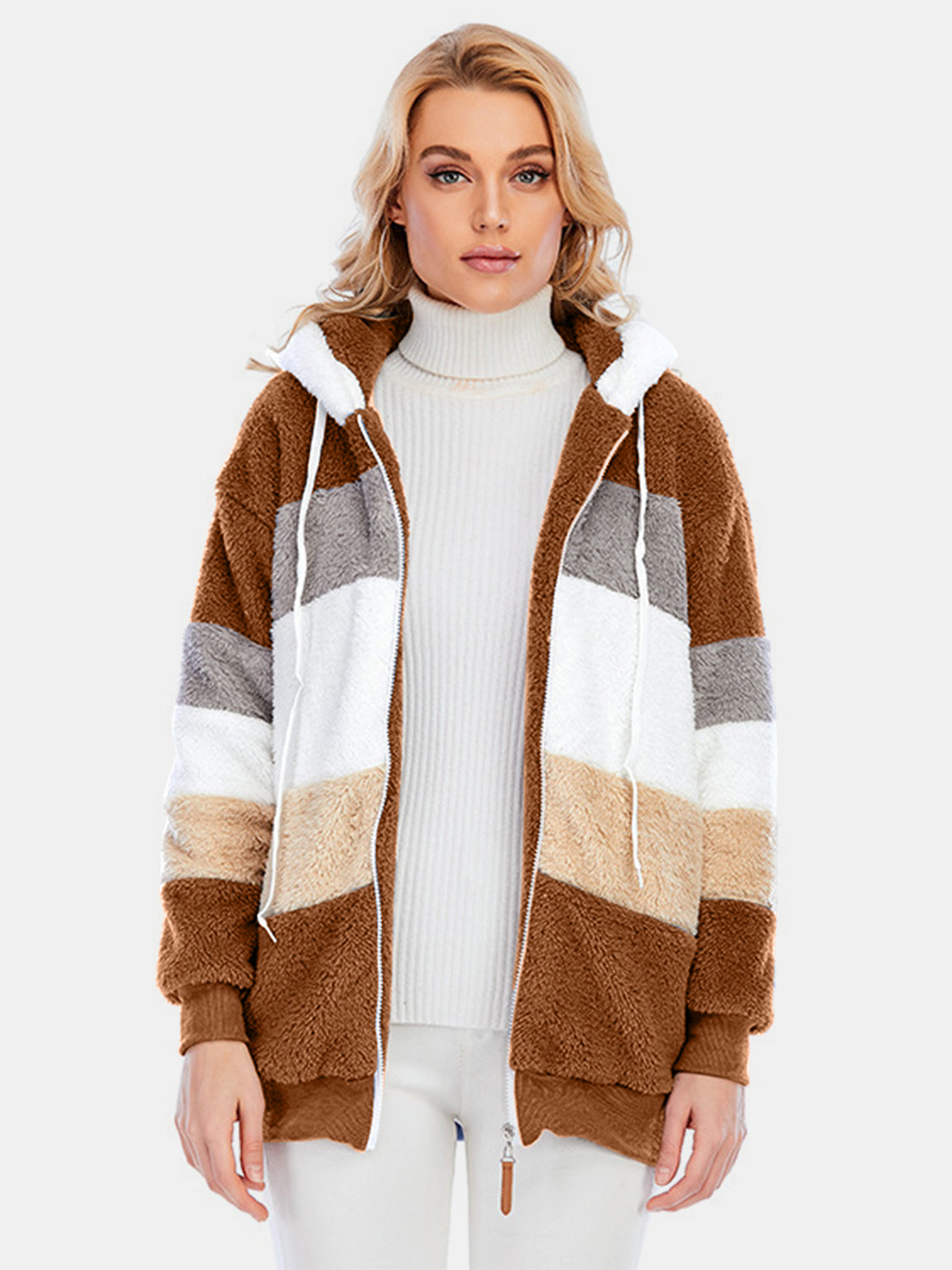 Full Size Drawstring Color Block Zip Up Hooded Outerwear - Charming Charlie