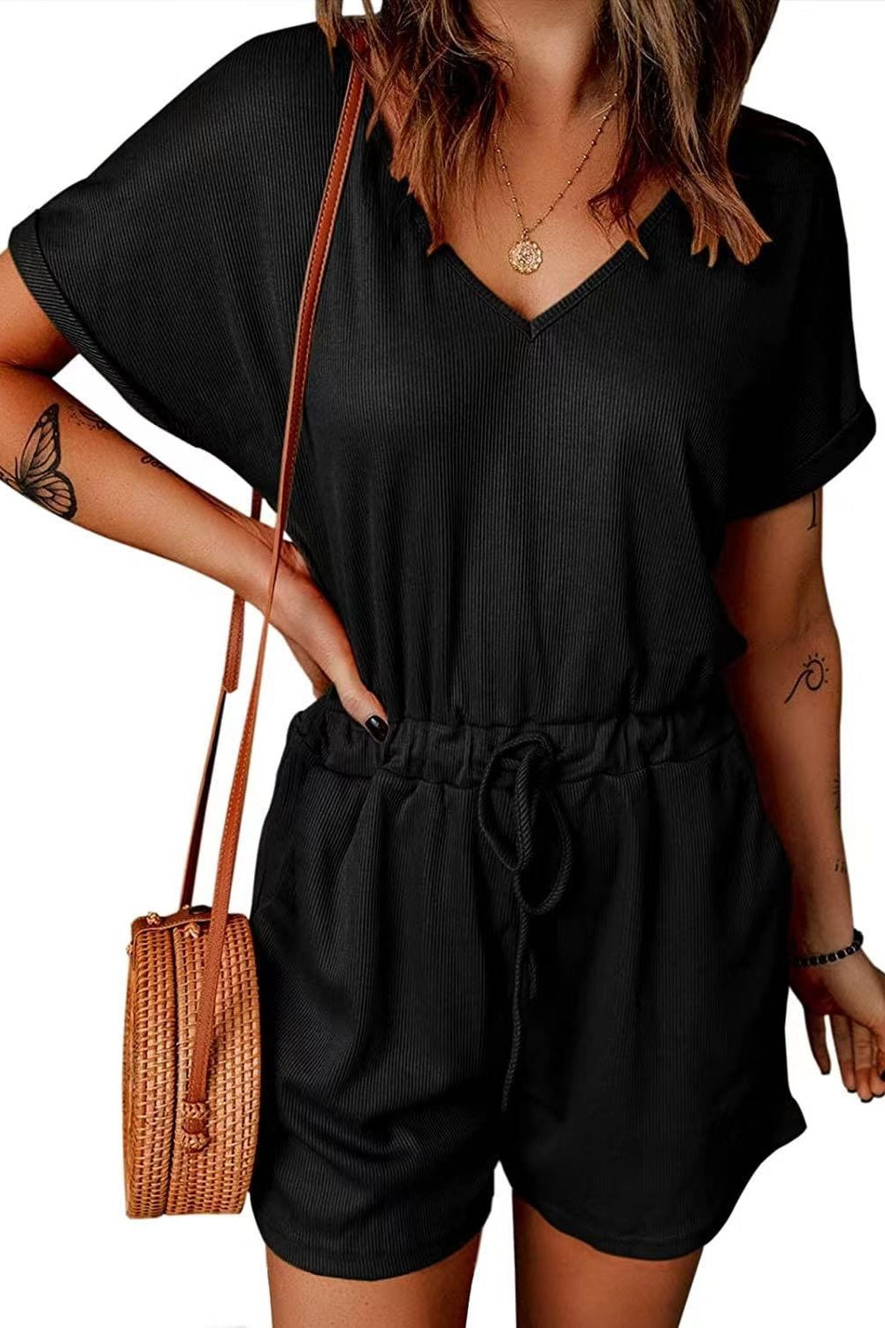 Full Size Drawstring V-Neck Short Sleeve Romper - Charming Charlie