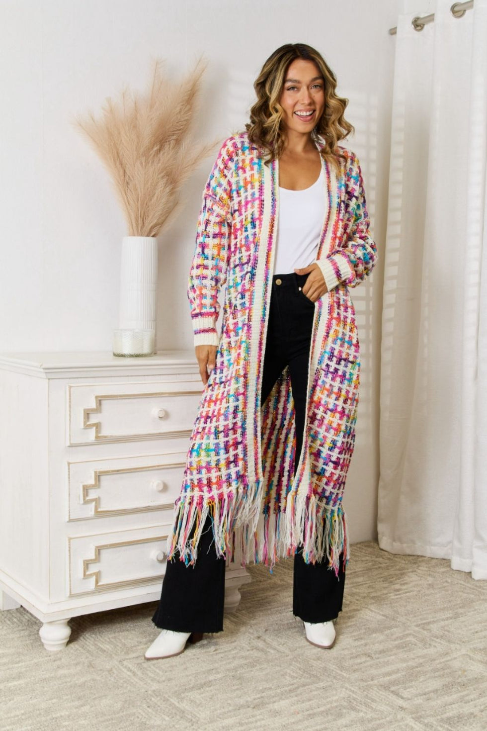 Fringe Open Front Long Sleeve Cardigan