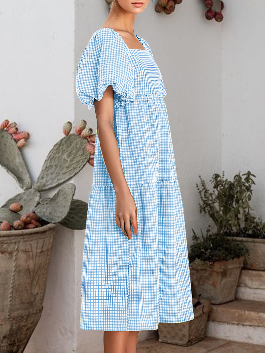 Plaid Square Neck Short Sleeve Dress Light Blue / L