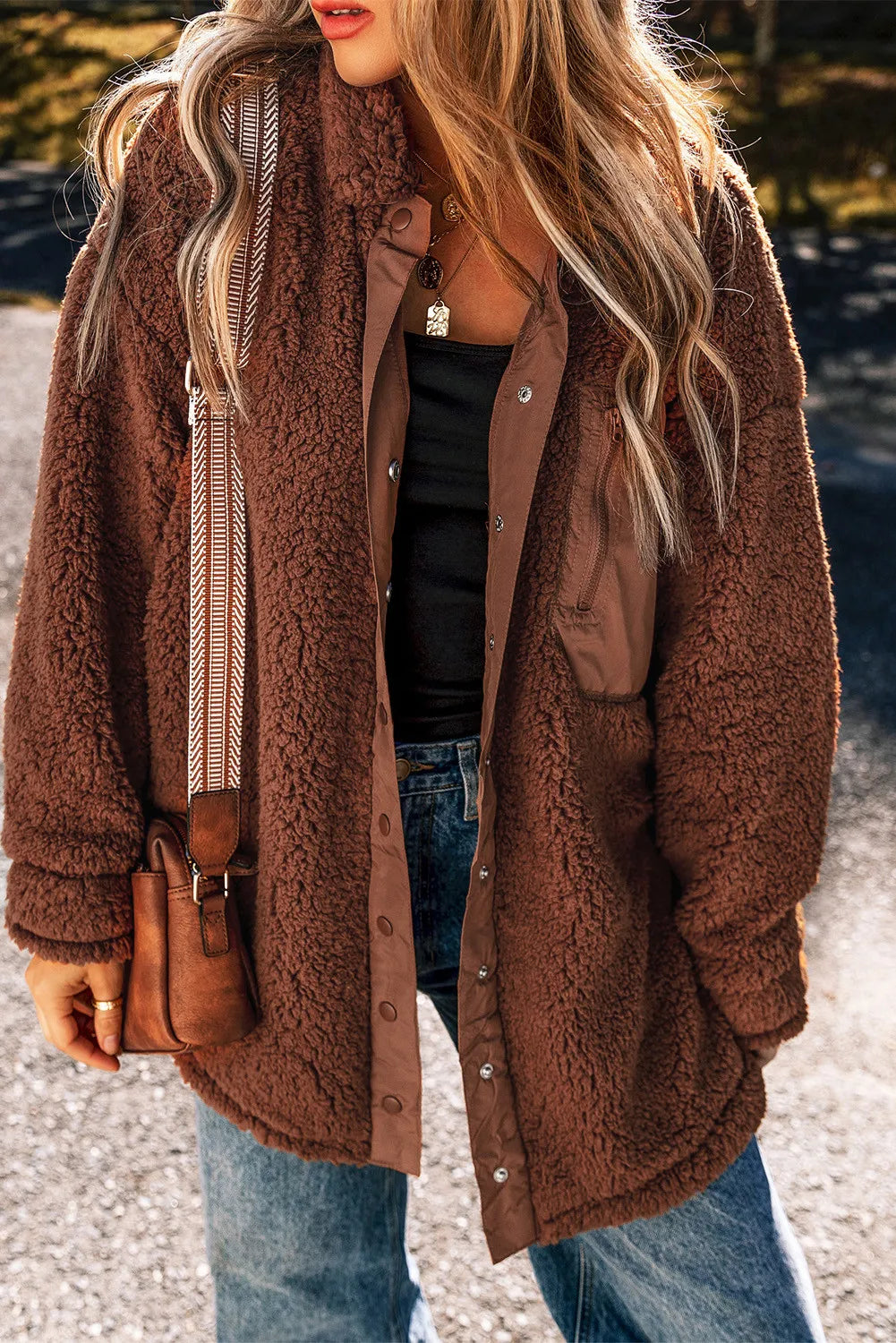 Fuzzy Snap Down Dropped Shoulder Jacket - Charming Charlie