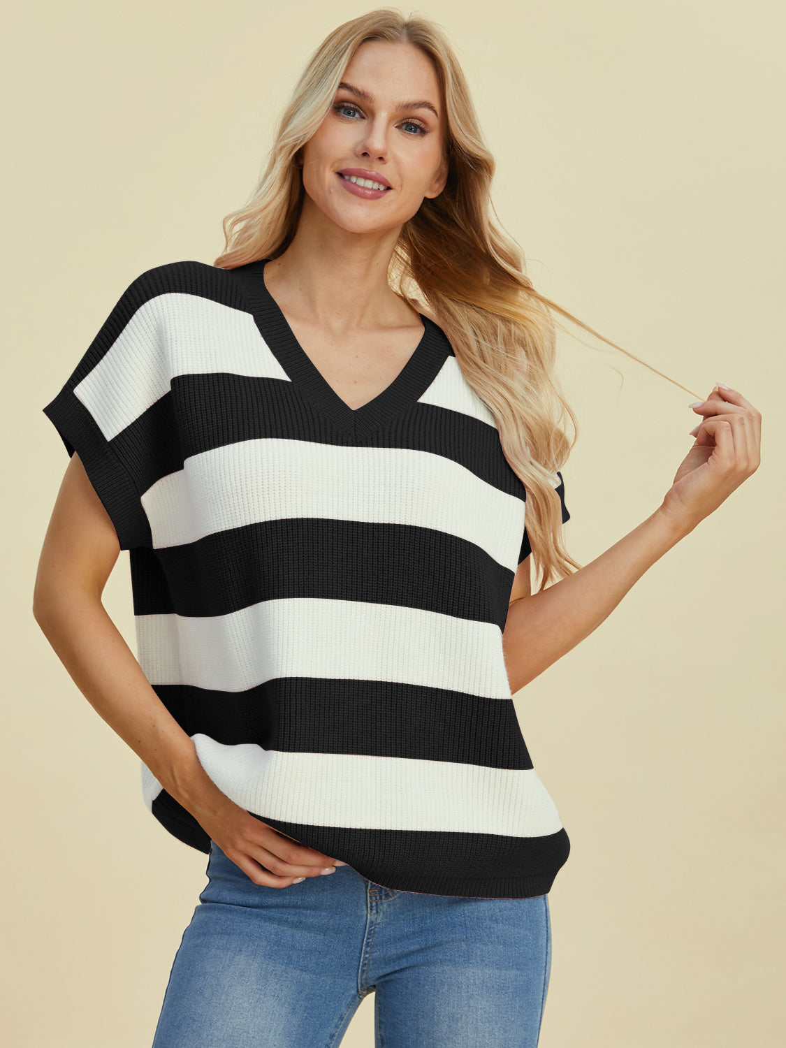 Double Take Full Size Striped V-Neck Short Sleeve Sweater - Charming Charlie