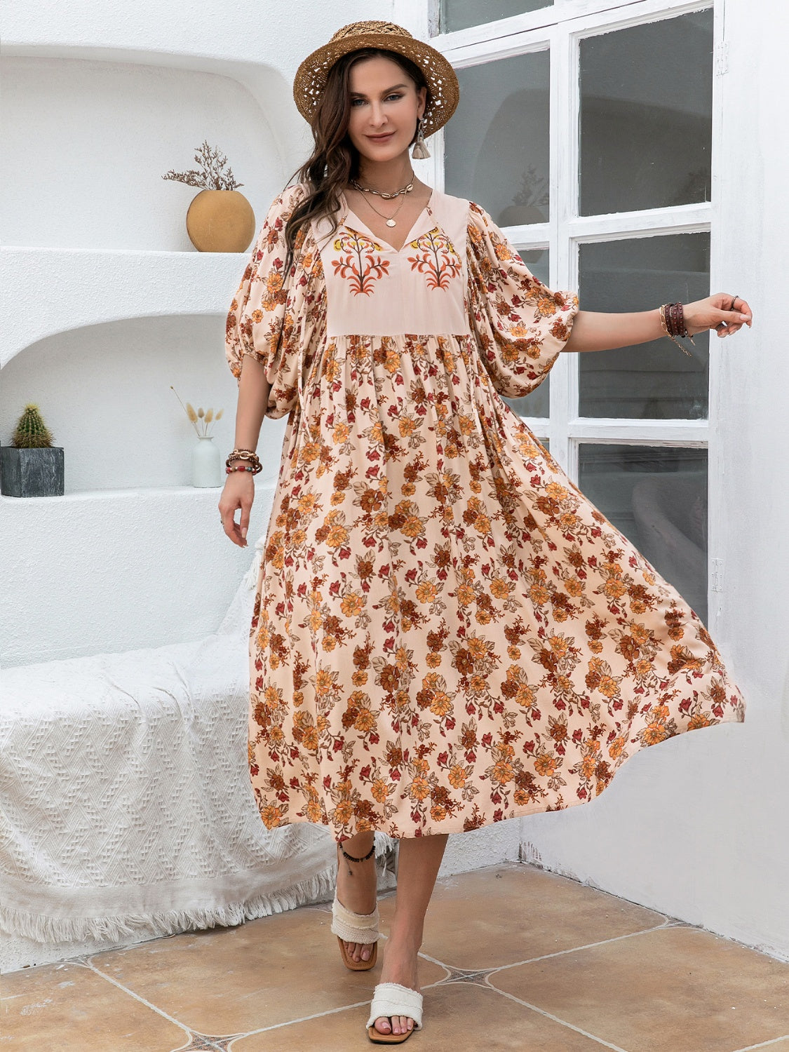 Plus Size Printed Tie Neck Half Sleeve Midi Dress - Floral / 1XL Plus Size Printed Tie Neck Half Sleeve Midi Dress - Floral / 1XL