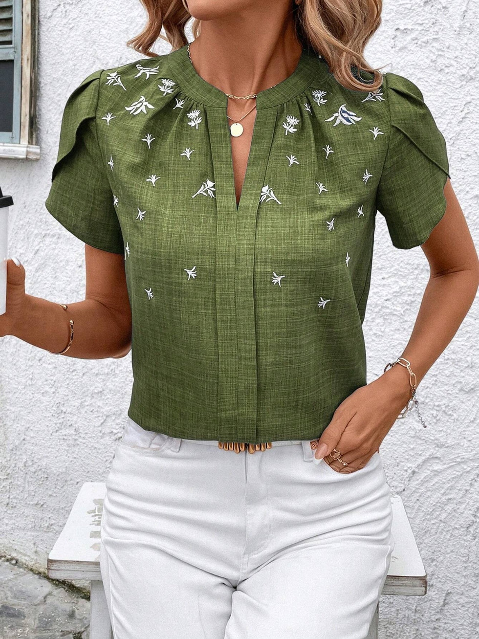 Notched Short Sleeve Blouse