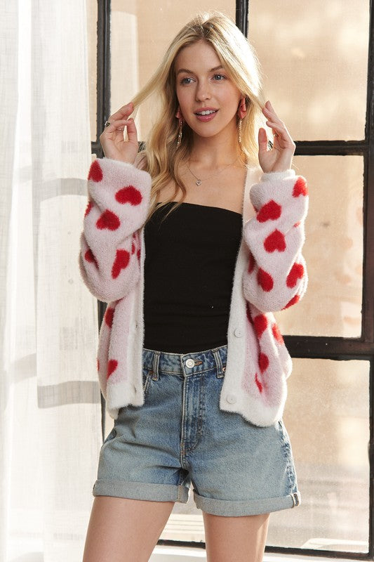 ADORA Fuzzy Heart Button Down Cardigan – Charming Charlie