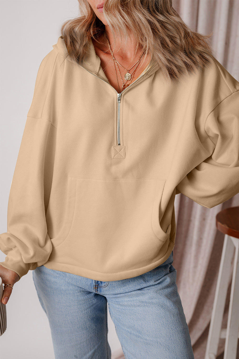 Pocketed Half Zip Dropped Shoulder Hoodie - Charming Charlie