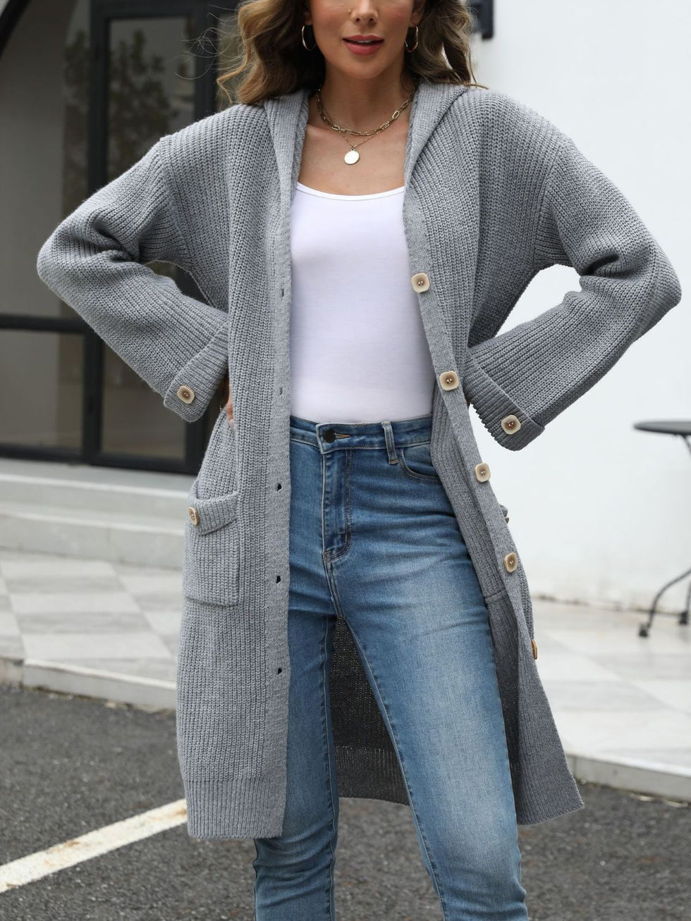 Elevated Denim: Pocketed Button-Up Jacket with Dropped Shoulders