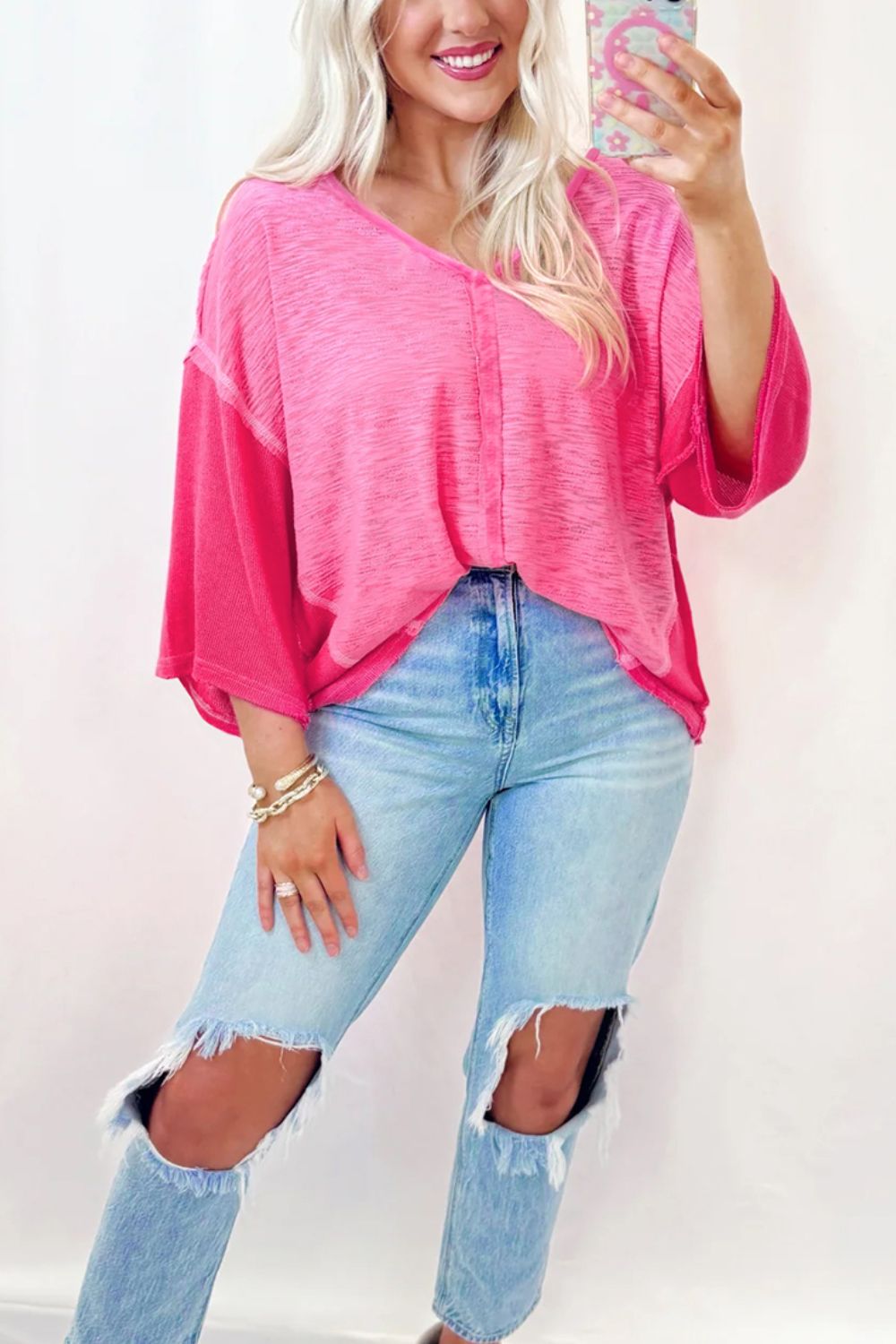 Exposed Seam V-Neck Three-Quarter Sleeve Blouse - Charming Charlie