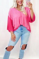 Exposed Seam V-Neck Three-Quarter Sleeve Blouse - Charming Charlie