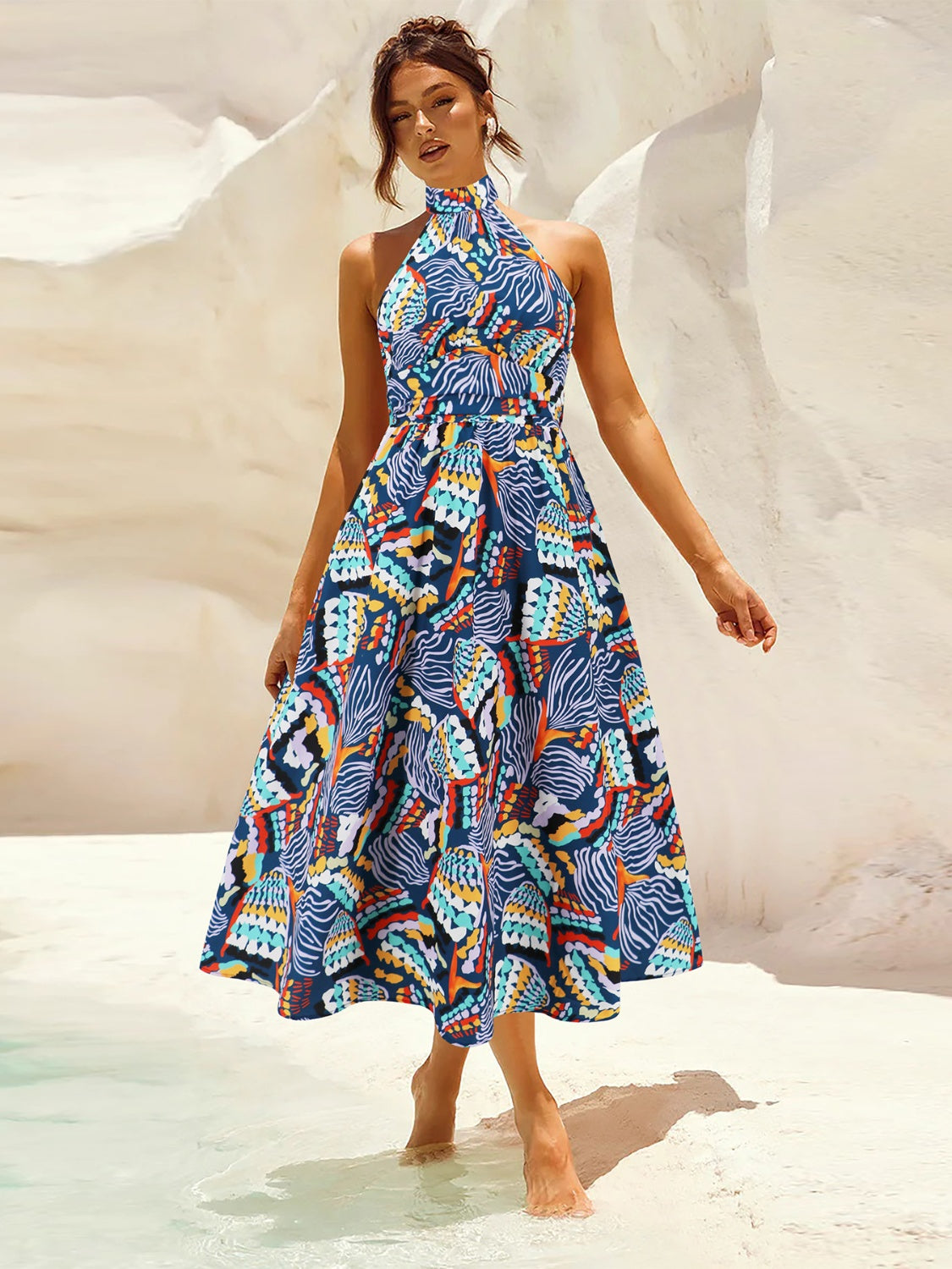 Ruched Printed Halter Neck Sleeveless Dress Dark Blue / S