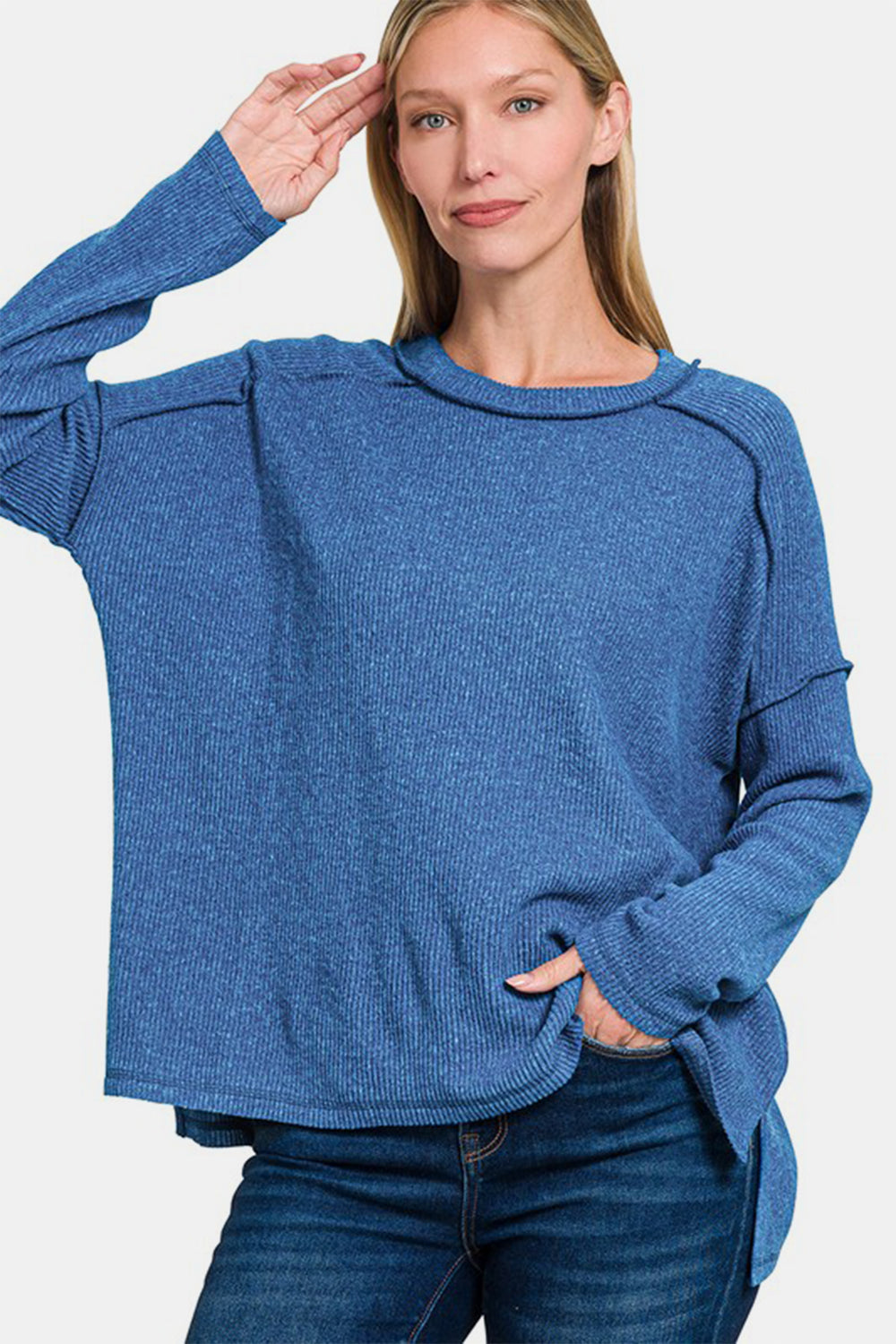 Zenana Full Size Exposed Seam Brushed Round Neck Sweater - Charming Charlie