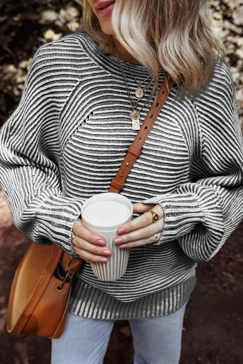 Textured Striped Round Neck Long Sleeve Top - Charming Charlie