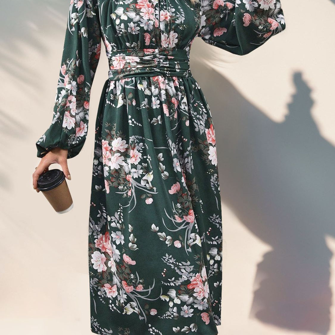 Ruched Printed Mock Neck Long Sleeve Midi Dress Black Forest / XL