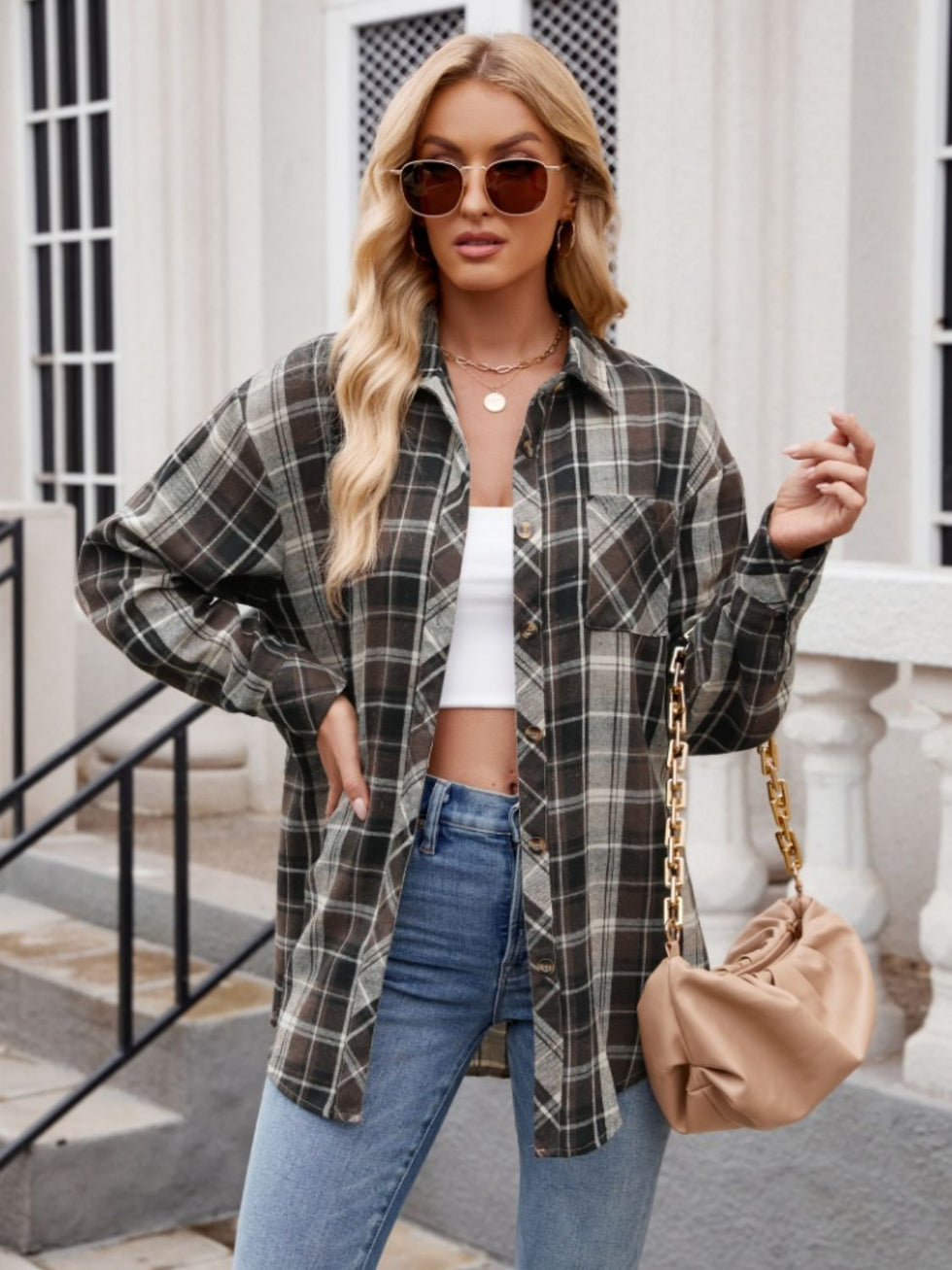Pocketed Plaid Collared Neck Long Sleeve Shirt  Charming Charlie