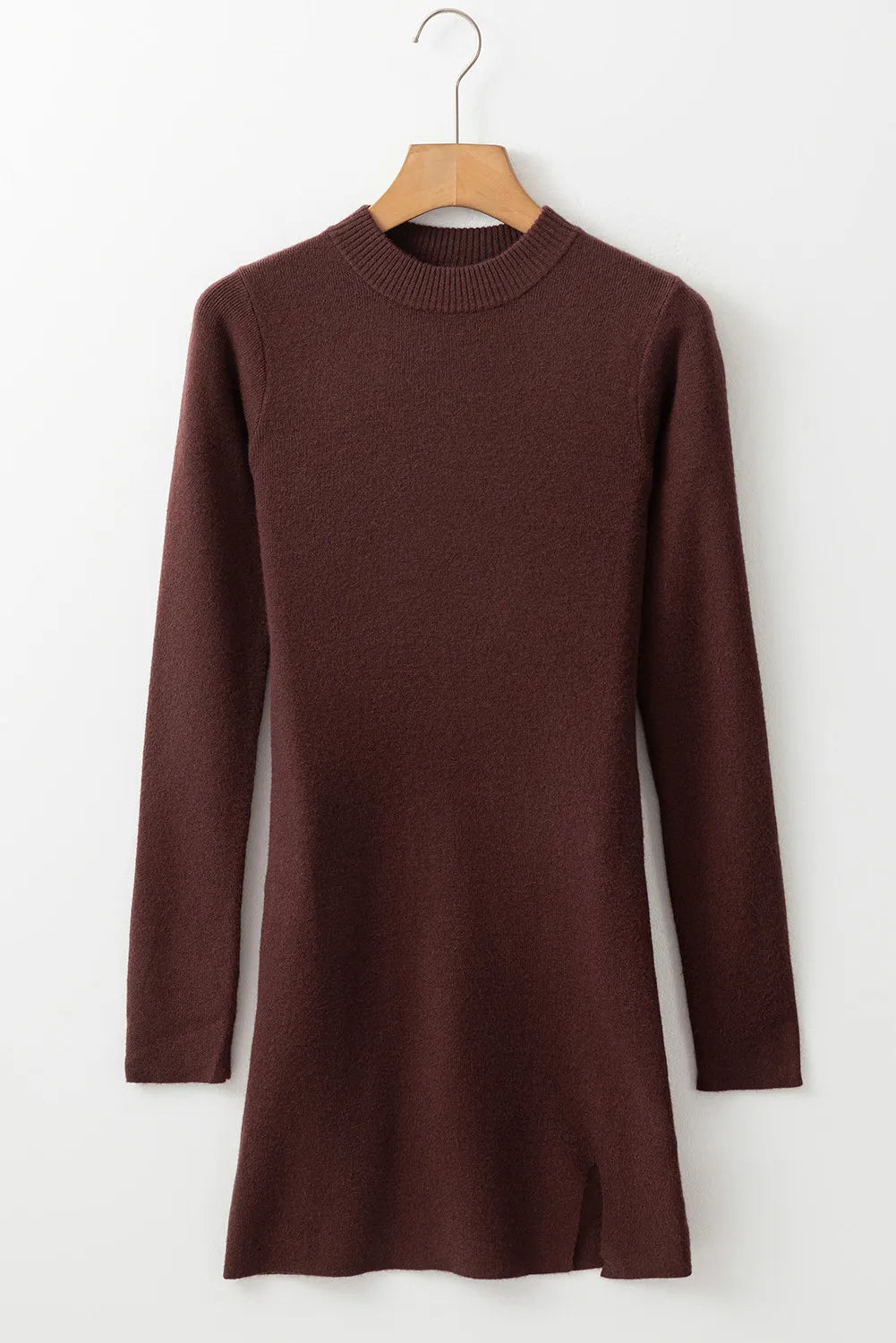 Slit Mock Neck Long Sleeve Wrap Sweater Dress Chocolate / XL