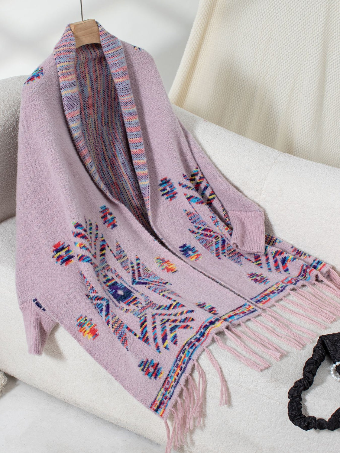 Fringe Geometric Open Front Long Sleeve Cape - Charming Charlie
