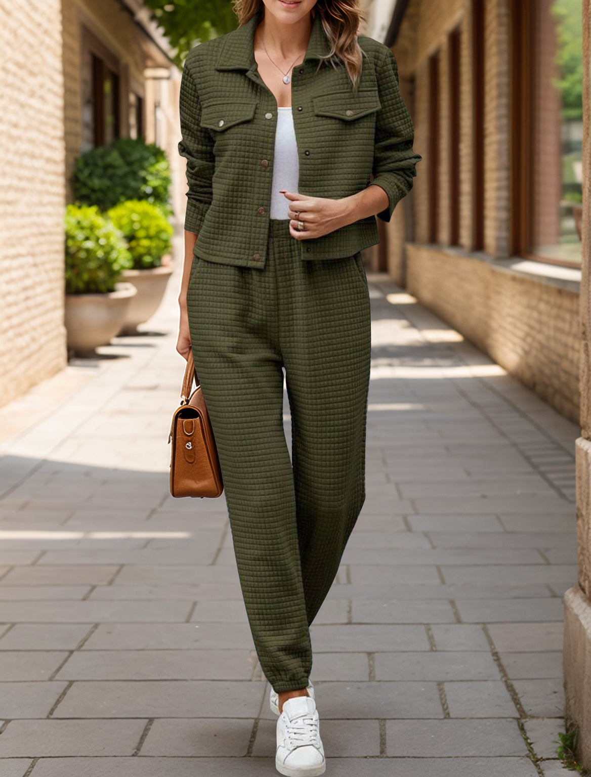 Plaid Texture Snap Down Top and Pants Set - Charming Charlie